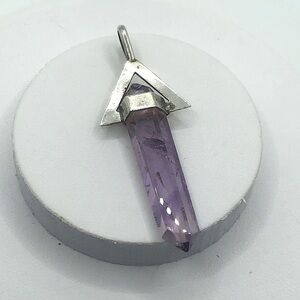 Vtg 950 Silver Amethyst Faceted Geometric Triangle Shaped Pendant 1.9”